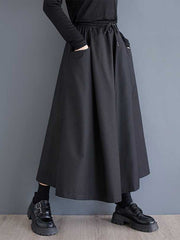 Drawstring Elasticity Pockets Solid Color A-Line High Waisted Pants Culotte