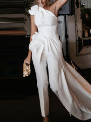Simple One-Shoulder Pleated Split-Joint Empire White Jumpsuits