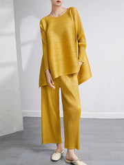 Loose Pleated Solid Color High-Low Round-Neck T-Shirts + Pants Two Pieces Set