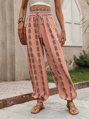 Drawstring Elasticity Pleated Printed High Waisted Loose Trousers Pants Knickerbockers