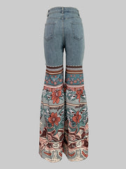 Floral Printed High-Waisted Pockets Flared Pants Jean Pants Bottoms