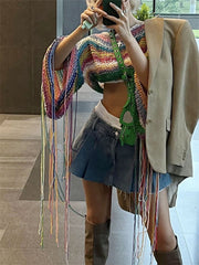 Knitted Tassels Cover Ups For Swimwear Women Sexy Loose Rainbow Shirt Girls Sweater Holiday Fashion Crop Pullover FemmeChristmas Gifts