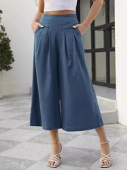 Pleated Pockets Solid Color Split-Joint Flared Pants High Waisted Trousers Ninth Pants