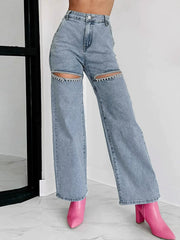 Ripped Split-Joint High Waisted Straight Leg Jean Pants Bottoms