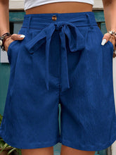 Buttoned Elasticity Pleated Pockets Tied Waist High Waisted Loose Shorts Bottoms