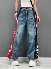 Contrast Color Drawstring Elasticity Fringed Split-Joint Loose Wide Leg Jean Pants Bottoms