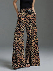Leopard Split-Front Loose Wide Leg Trousers Casual Pants Bottoms