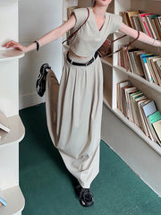 Belted Pleated Solid Color A-Line High Waisted Skirts Bottoms