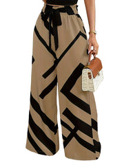 Drawstring Elasticity Printed Striped Loose Wide Leg Trousers Pants