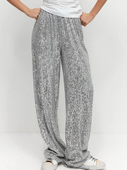 Elasticity Sequined Shiny Split-Joint Loose Straight Leg Trousers Pants