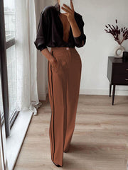 Pockets Striped High Waisted Loose Trousers Suit Pants