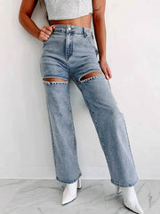 Ripped Split-Joint High Waisted Straight Leg Jean Pants Bottoms