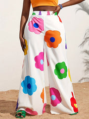 Elasticity Flower Print Split-Joint High Waisted Loose Trousers Pants