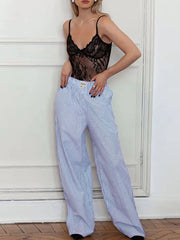 Elasticity Split-Joint Striped High Waisted Loose Trousers Pants