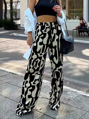 Contrast Color Elasticity Printed Split-Joint High Waisted Loose Trousers Pants