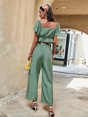 Casual High Waisted Solid Color U-Neck Two Pieces Set