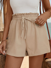 Drawstring Elasticity Pleated Pockets Ruffle Trim Solid Color Loose Shorts Bottoms