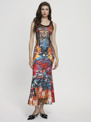 Cut Out Backless Crew Neck Ethnic Sleeveless Maxi Dress