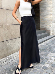 Buttoned Pockets Solid Color Split-Side A-Line High Waisted Skirts Bottoms