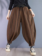 Drawstring Elasticity Split-Joint Striped Harem Pants High Waisted Trousers Pants