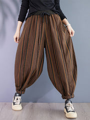 Drawstring Elasticity Split-Joint Striped Harem Pants High Waisted Trousers Pants