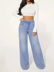 Drawstring Elasticity Split-Joint High Waisted Loose Jean Pants Bottoms