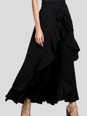 Ruffle Trim Solid Color Split-Joint Tied Waist Zipper Loose Culotte