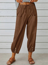Buttoned Drawstring Elasticity Pockets Split-Joint High Waisted Loose Trousers Ninth Pants