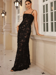 Elegant Black Floral Appliqué Maxi Dancing Dress