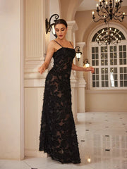Elegant Black Floral Appliqué Maxi Dancing Dress