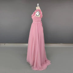 Elegant Pink 3D Flower Evening Gown