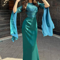 Elegant Satin Batwing Sleeve Ankle-Length Dress