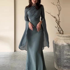 Elegant Satin Batwing Sleeve Ankle-Length Dress