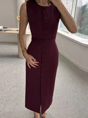 Elegant Sleeveless Belted Mid-Calf Dress