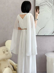 Elegant White Bohemian Ankle-Length Chiffon Dress