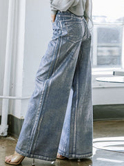 High Waisted Loose Printed Split-Joint Jean Pants Bottoms