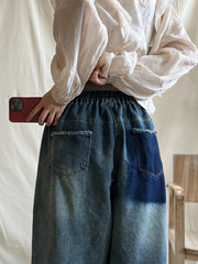 Contrast Color Elasticity Pockets Loose Wide Leg Jean Pants Bottoms