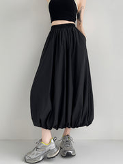 Elasticity Pleated Pockets Solid Color A-Line Loose Skirts Bottoms