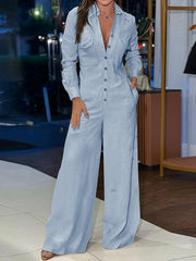 Solid Color Poket Long Sleeves Casual Jumpsuits