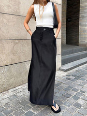 Buttoned Pockets Solid Color Split-Side A-Line High Waisted Skirts Bottoms