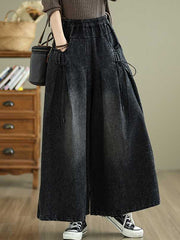 Elasticity Pleated Pockets High Waisted Loose Jean Pants Bottoms