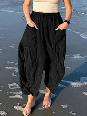 Drawstring Elasticity Pleated Pockets Solid Color High Waisted Loose Trousers Ninth Pants