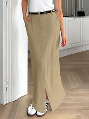 No Belt Pockets Solid Color Split-front Bodycon High Waisted Skirts Bottoms