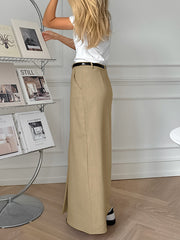 No Belt Pockets Solid Color Split-front Bodycon High Waisted Skirts Bottoms