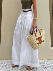 Belted Solid Color Loose Wide Leg Trousers Casual Pants Bottoms