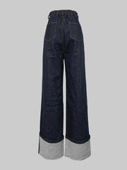 High Waisted Straight Leg Contrast Color Split-Joint Jean Pants Bottoms
