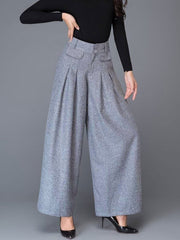 Loose Wide Leg Buttoned No Belt Pleated Pockets Solid Color Split-Joint Pants Trousers