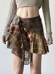 Irregular Plaid Lace Patchwork Skirt In Brown