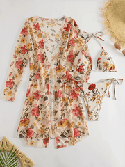 Women's Floral Print Halterneck Triangular Cup Sun Protection Cover-Up Bikini Three-Piece Set