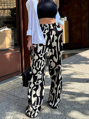 Contrast Color Elasticity Printed Split-Joint High Waisted Loose Trousers Pants